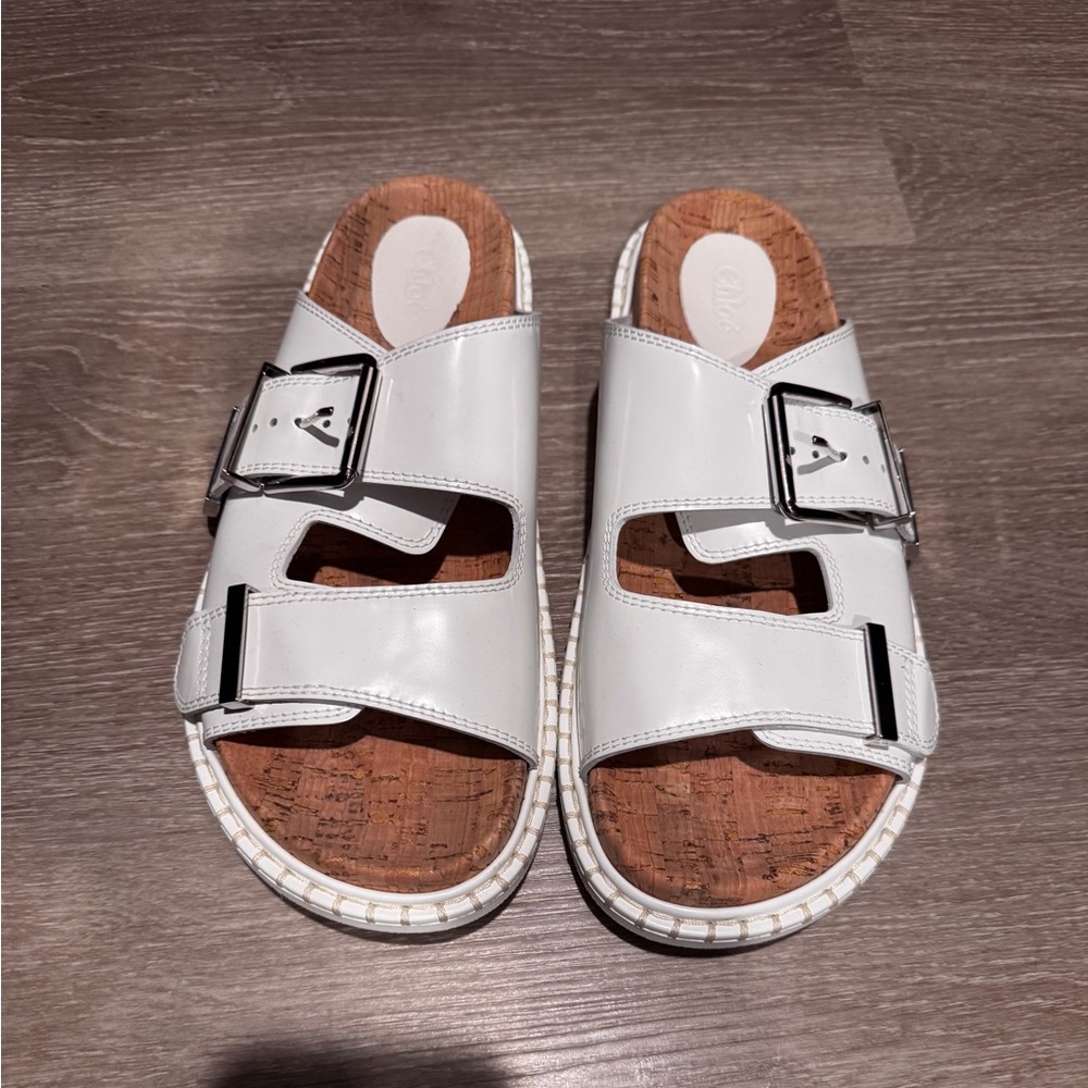 Authentic Chloe Rebecca White Double Buckle Cork Slide Sandals Sz 40 NWOB
